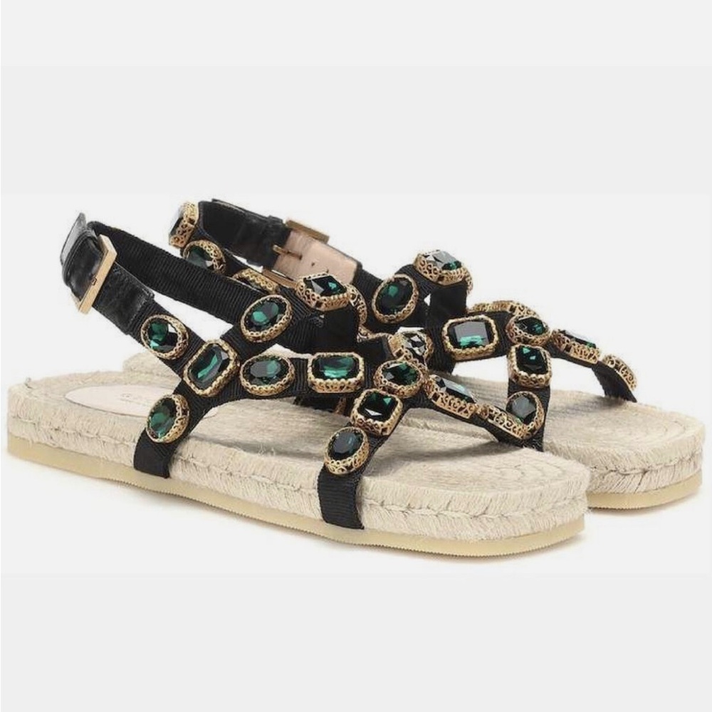 Gucci crystal embellished espadrille black grosgrain flat sandals